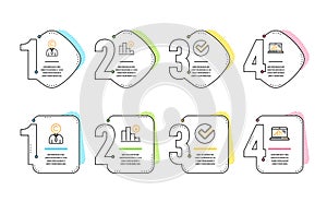 Copyrighter, Verify and Decreasing graph icons set. Graph laptop sign. Vector photo