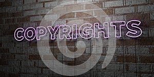 COPYRIGHTS - Glowing Neon Sign on stonework wall - 3D rendered royalty free stock illustration