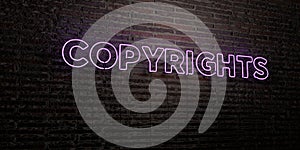 COPYRIGHTS -Realistic Neon Sign on Brick Wall background - 3D rendered royalty free stock image