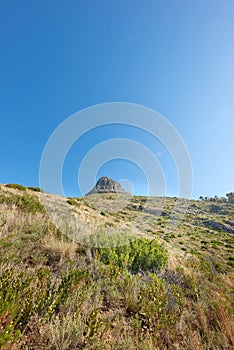 Copyspace with scenic landscape of Lions Head mountain in Cape Town South Africa against a clear blue sky background