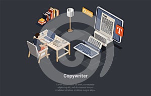 Copywriter Job Concept. Writer Typing An Article on Computer. Person Editor Write Electronic Text Book, Letter Or