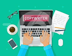 Copywriter working on laptop writing article vector illustration