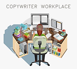 Copywriter workplace. Writer at work. Journalistic activity. Vector