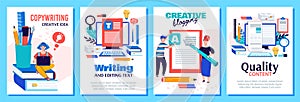 Copywriting and blog content writing poster set - creative blogging and text editing concepts with cartoon people and