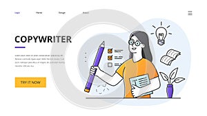 Copywriting concept with female copywriter holding a huge pencil