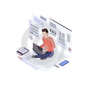 Copywriting & content marketing isometric illustration. Home based copywriter, content writer, freelancer. SMM manager, digital