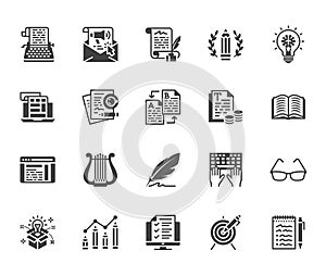 Copywriting flat glyph icons set. Writer typing text, social media content, e-mail newsletter, creative idea, typewriter