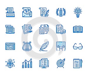 Copywriting flat line icons set. Writer typing text, social media content, e-mail newsletter, creative idea, typewriter