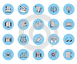 Copywriting flat line icons set. Writer typing text, social media content, e-mail newsletter, creative idea, typewriter