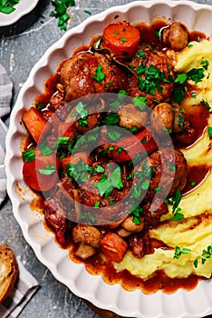 Coq au vin chicken meatballs with mashed potatoes
