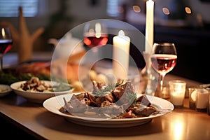 coq au vin on a dining table, candles, and wine in background