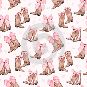Coquette Cowgirl boots with pink bow Seamless Pattern. Retro Feminie Watercolor Western Chic repeating pattern photo