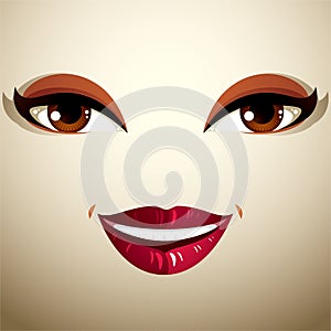 Coquette glad smiling woman eyes and lips, stylish makeup. People positive facial emotions, happiness.