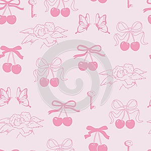 Coquette pink ribbon bow. Cherries with bow. Angels and butterflies.