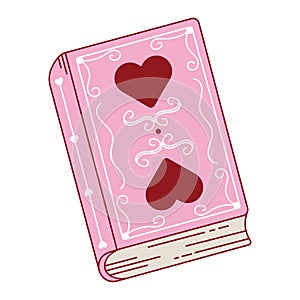Coquette pretty girly book. Pink book cover with vintage ornament and red hearts. Magic tome, diary, love book