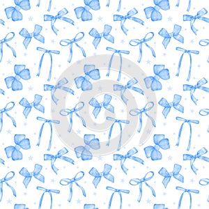 Coquette seamless pattern Blue ribbon and bow watercolor