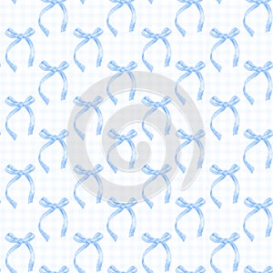 Coquette seamless pattern Blue ribbon bow watercolor