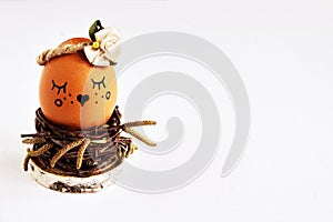 Coquettish ginger egg with delicate satin flower in pastel ton homemade wicker of birch twigs in nest on light background. Minimal