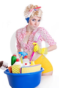 Coquettish pinup woman with cleaning set photo