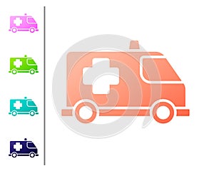 Coral Ambulance and emergency car icon isolated on white background. Ambulance vehicle medical evacuation. Set color