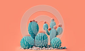 Coral Blue colored Cactus on pink bright pastel background. Trendy tropical cacti plant close-up. Sweet coral cacti Mood. Copy