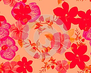 Coral Botanical Decor. Red Orchid Decor. Scarlet Hibiscus Foliage. Flower Plant. Watercolor Leaves. Seamless Illustration. Pattern