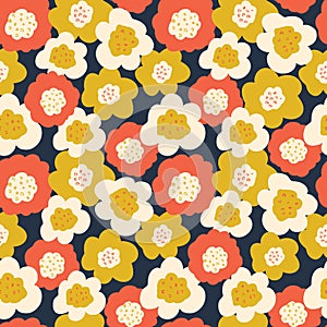 Coral gold yellow blue white Seamless vector flowers repeating background. Scattered florals pattern. Flat simple doodle flower