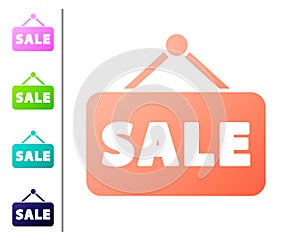 Coral Hanging sign with text Sale icon isolated on white background. Signboard with text Sale. Set color icons. Vector