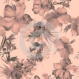 Coral Hibiscus Texture. Pink Flower Background. Brown Seamless Print. Watercolor Set. Pattern Textile. Gray Tropical Background. E