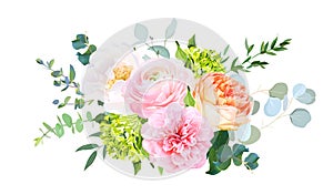 Coral juliet garden rose, pink ranunculus, peony, green hydrangea, eucalyptus