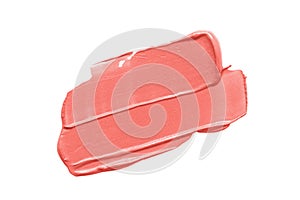 Coral make up swatch. Lipstick smear smudge stroke isolated on white background