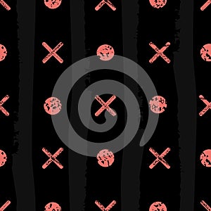 Coral noughts and crosses with varied grunge texture. Seamless geometric vector pattern on black background with subtle