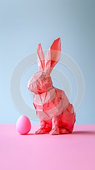 Coral Origami Rabbit with Matching Pink Egg on Pastel Background
