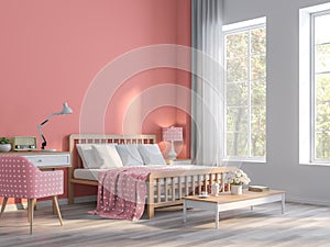 Coral pink bedroom with nature view 3d render photo