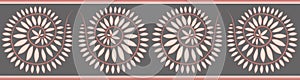 Coral pink and gray colored oil painting floral seamless border. Hand drawn circle twigs with leaves on gray background.