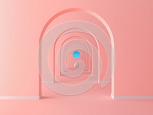 Coral pink pastel arch hallway simple geometric background, architectural corridor, portal, long tunnel inside empty wall. 3d rend