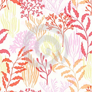 Coral polyps seamless pattern., Red Sea coral reef branches and bushes cartoon.