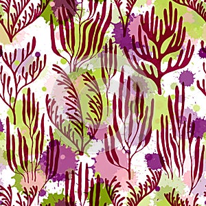 Coral polyps seamless pattern., Tropical coral reef branch silhouette elements