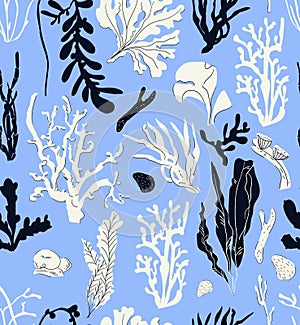 Coral polyps and seaweed seamless pattern vector. White and black Kelp laminaria algae on blue background. Sea reef nature