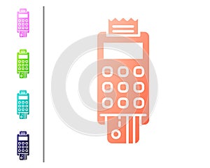 Coral POS terminal with inserted credit card and printed reciept icon isolated on white background. NFC payment concept