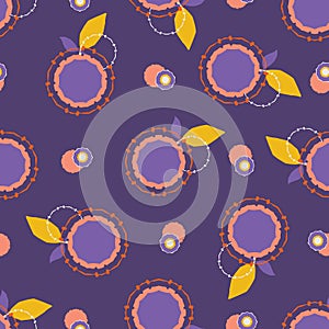 Coral purple daisy flower shapes. Vector pattern seamless tossed background. Hand drawn floral geometric leaf graphic illustration