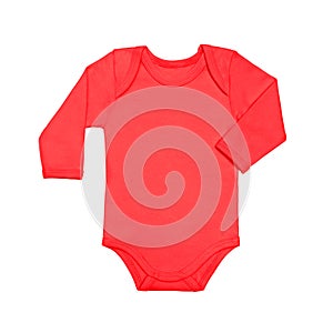 Coral red baby shirt bodysuit with long sleeve isolated on a white background. Mock up for design and placement of logos