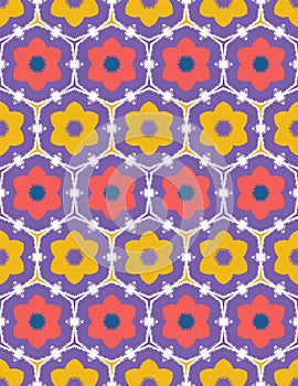 Coral red yellow daisy flower shapes. Vector pattern seamless damask background. Hand drawn floral geometric illustration. Trendy