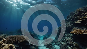 coral reef in the blue A dark blue ocean surface seen from underwater. The water is clear and calm, and the sun is high