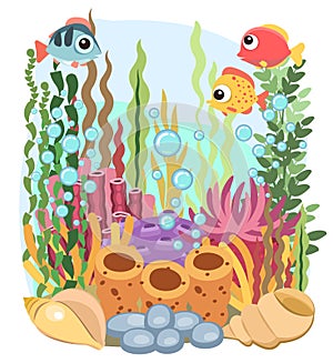 Coral reef. Bottom of reservoir. Sea ocean. Underwater. Landscape with fish, plants, algae and corals. Bubbles. Isolated