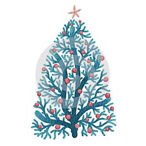 Coral reef Christmas tree, Christmas balls and Starfish watercolor illustration for decoration on summer Christmas holiday .