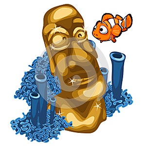 Coral reef, clown fish and Golden statue of Maya