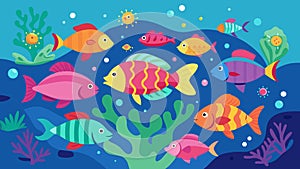 A coral reef with each colorful fish representing a different aspect of mental wellness swimming and interacting in a photo
