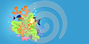 Coral reef and fish. 3d vector cartoon illustration. Plasticine art objects