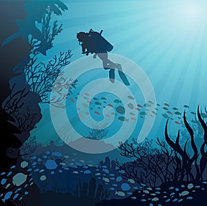 Coral reef with fish and silhouette of diver